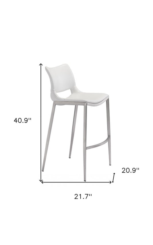 Set of Two 29" White And Silver Faux Leather And Steel Low Back Bar Height Bar Chairs
