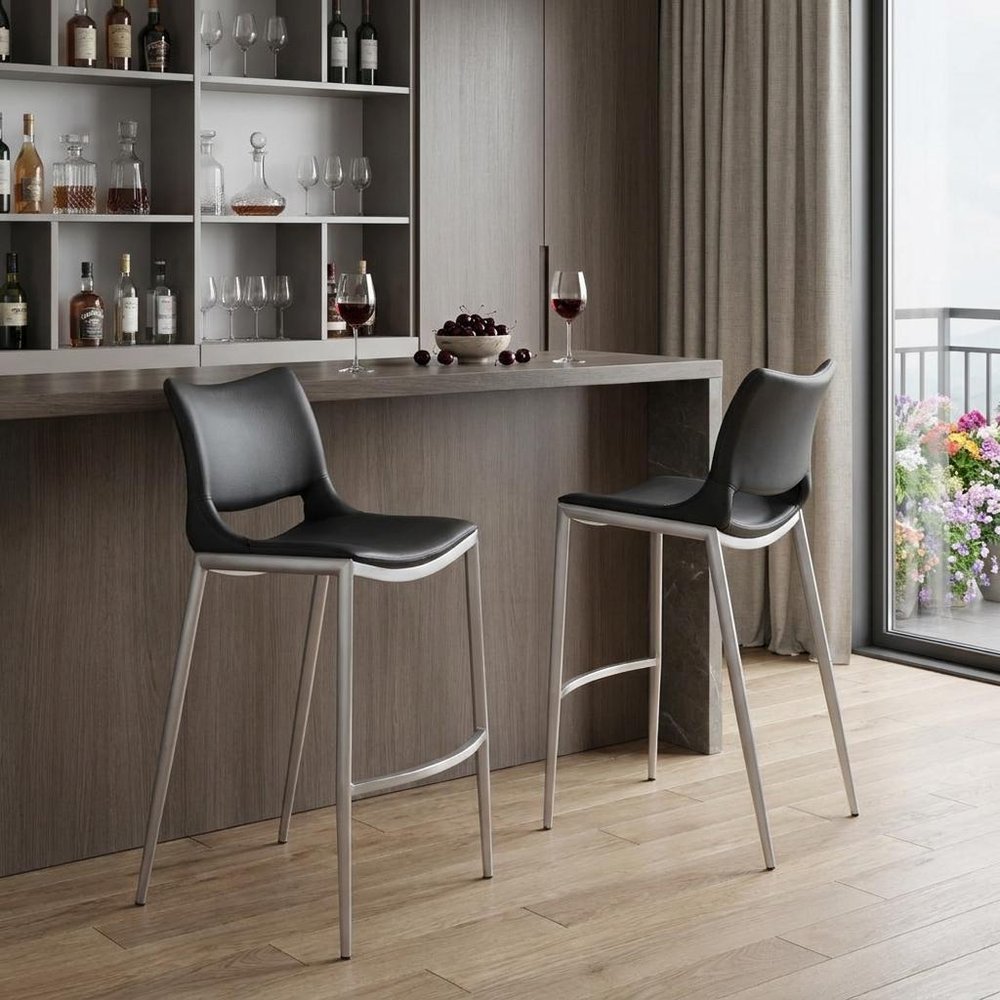 Set of Two 29" Black And Silver Steel Low Back Bar Height Bar Chairs