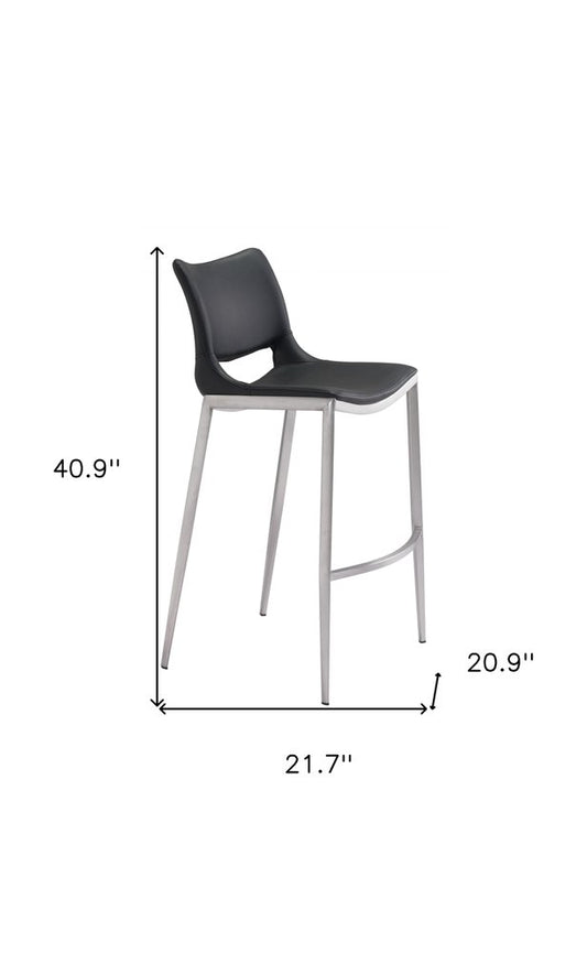 Set of Two 29" Black And Silver Faux Leather And Steel Low Back Bar Height Bar Chairs