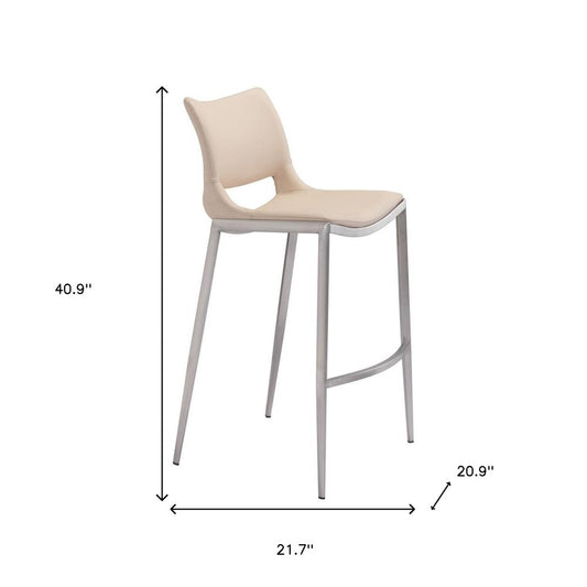 Set of Two 29" Light Pink And Silver Faux Leather And Steel Low Back Bar Height Bar Chairs