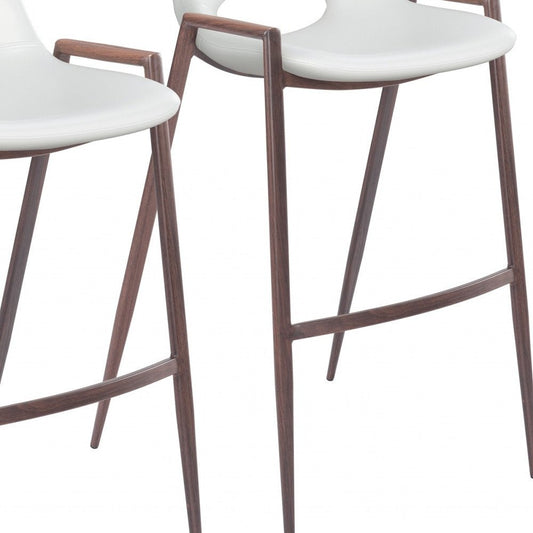 Set of Two 29" White And Brown Faux Leather And Steel Low Back Bar Height Bar Chairs