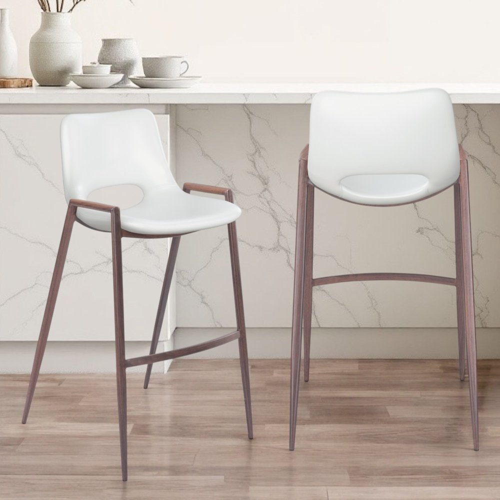 Set of Two 29" White And Brown Steel Low Back Bar Height Bar Chairs