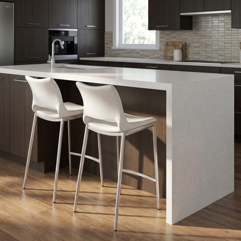 Set of Two 25" White And Silver Steel Low Back Counter Height Bar Chairs