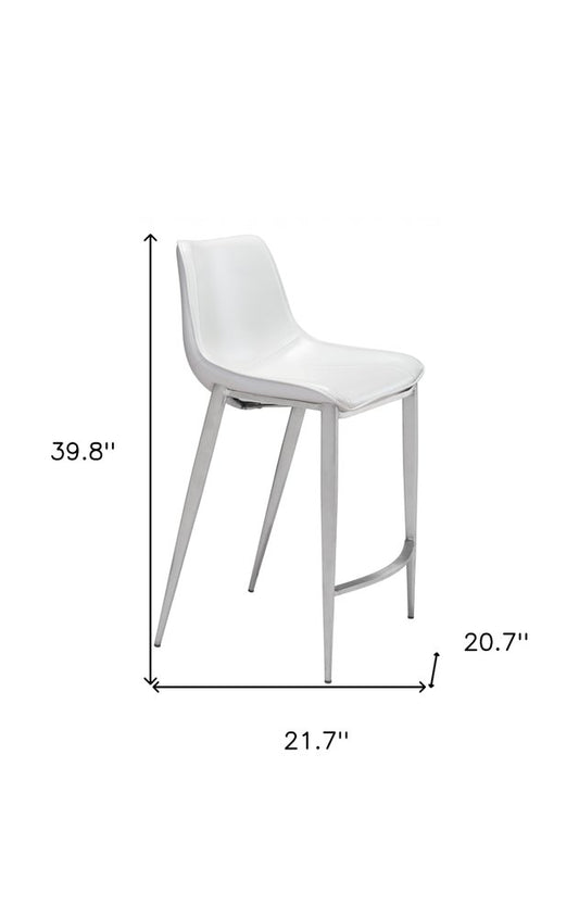 Set of Two 26" White And Silver Faux Leather And Steel Low Back Counter Height Bar Chairs