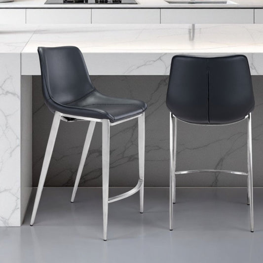 Set of Two 26" Black And Silver Steel Low Back Counter Height Bar Chairs