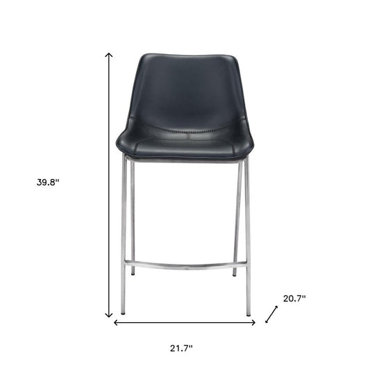 Set of Two 26" Black And Silver Faux Leather And Steel Low Back Counter Height Bar Chairs