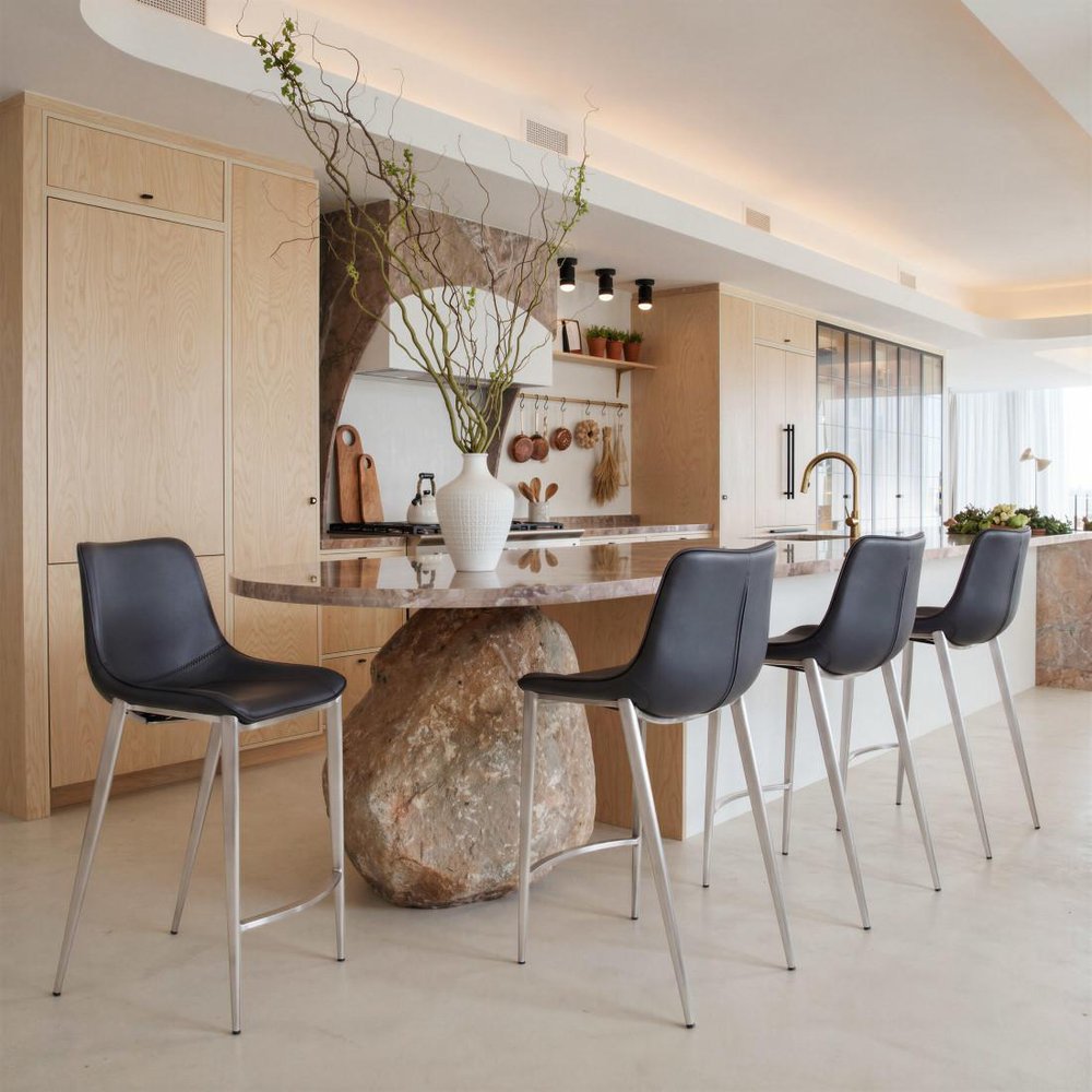 Set of Two 26" Black And Silver Faux Leather And Steel Low Back Counter Height Bar Chairs