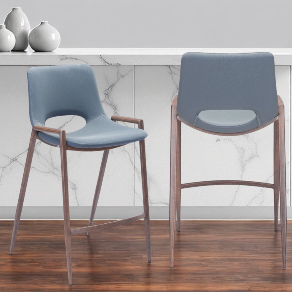 Set of Two 26" Gray And Brown Steel Low Back Counter Height Bar Chairs