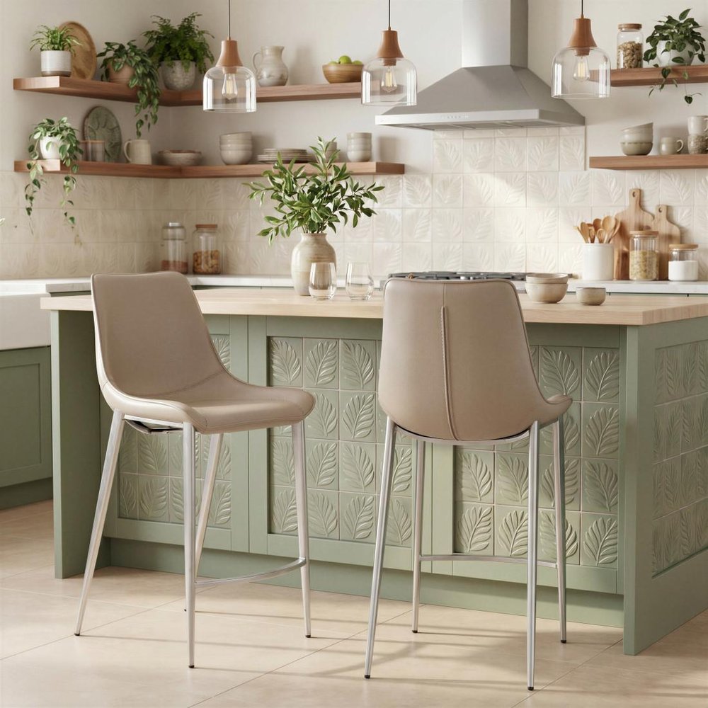 Set of Two 26" Gray And Silver Faux Leather And Steel Low Back Counter Height Bar Chairs