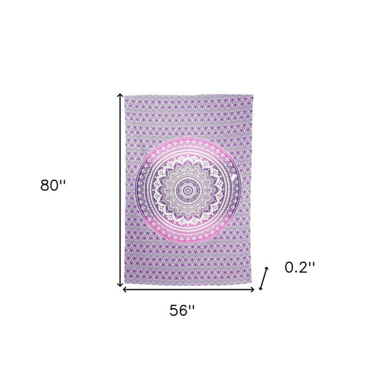 80" X 56" Purple And White Mandala Cotton Hanging Tapestry