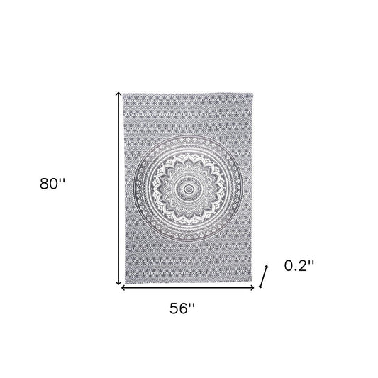 80" X 56" Gray And White Mandala Cotton Hanging Tapestry