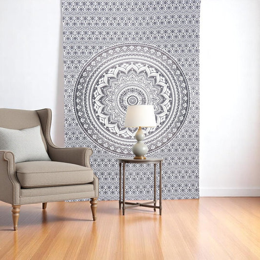 80" X 56" Gray And White Mandala Cotton Hanging Tapestry