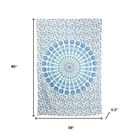 80" X 56" Blue And White Mandala Cotton Hanging Tapestry