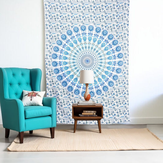 80" X 56" Blue And White Mandala Cotton Hanging Tapestry