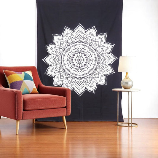 80" X 56" Black And White Mandala Cotton Hanging Tapestry