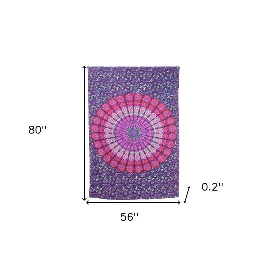 80" X 56" Purple Pink And White Mandala Cotton Hanging Tapestry