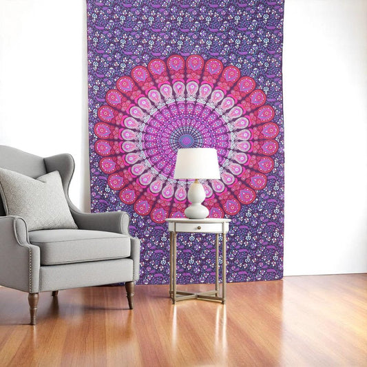 80" X 56" Purple Pink And White Mandala Cotton Hanging Tapestry