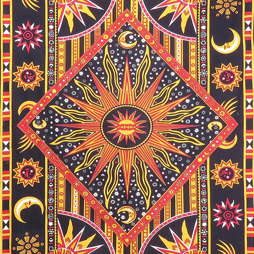 80" X 56" Black Red And Yellow Cotton Star and Sunburst Hanging Tapestry