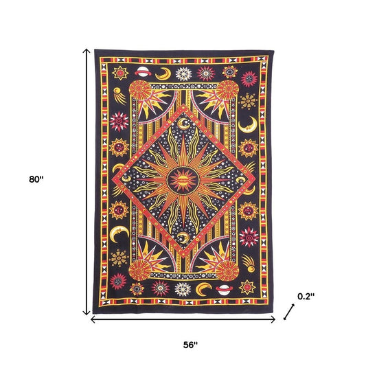 80" X 56" Black Red And Yellow Cotton Star and Sunburst Hanging Tapestry