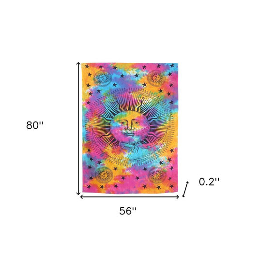 80" X 56" Blue Pink And Yellow Cotton Hanging Tapestry