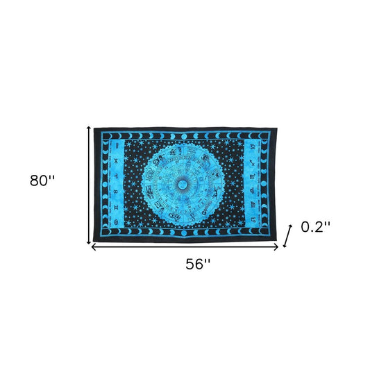 80" X 56" Black And Blue Cotton Hanging Tapestry