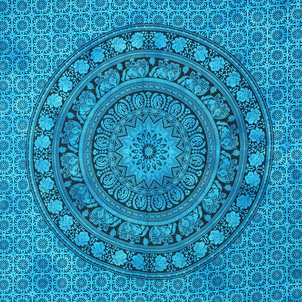 80" X 56" Turquoise And Black Mandala Cotton Hanging Tapestry