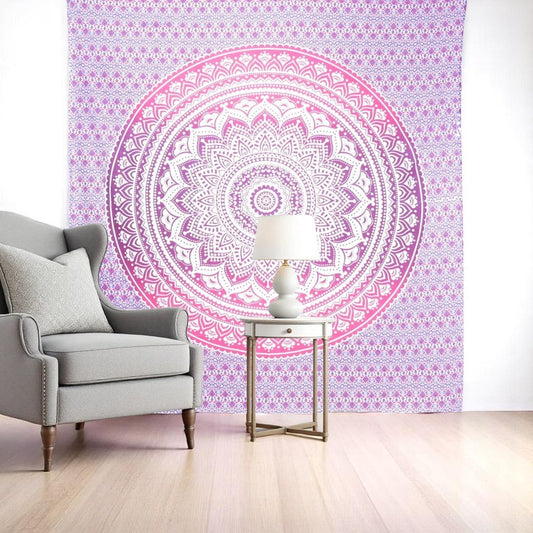 92" X 84" Pink And White Mandala Cotton Hanging Tapestry