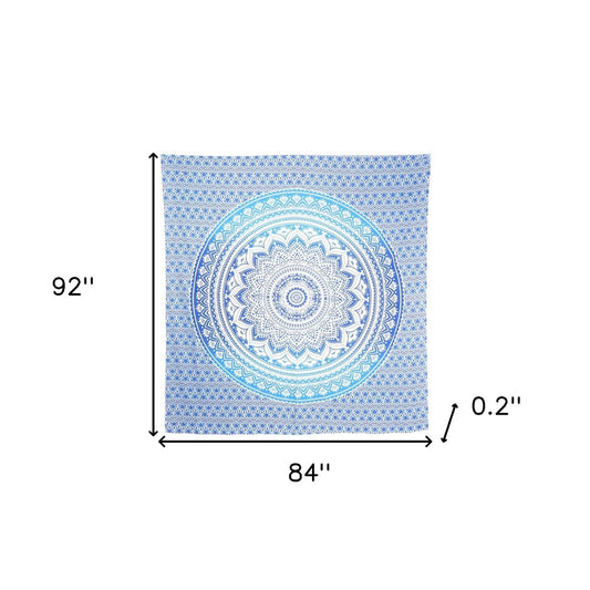 92" X 84" Blue And White Mandala Cotton Hanging Tapestry