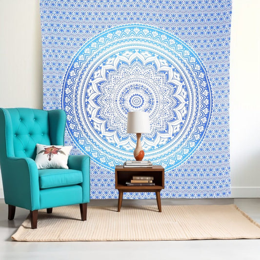 92" X 84" Blue And White Mandala Cotton Hanging Tapestry