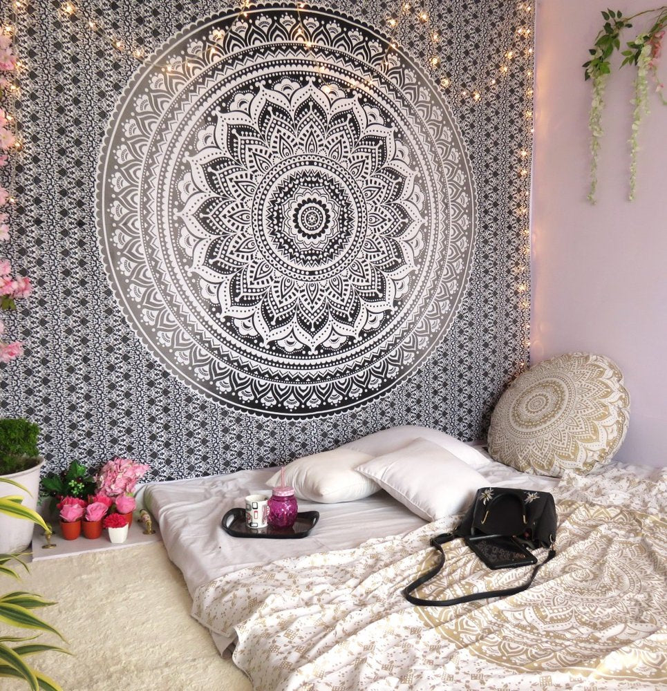 92" X 84" Gray And White Mandala Cotton Hanging Tapestry