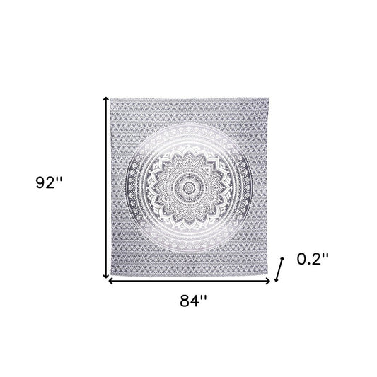 92" X 84" Gray And White Mandala Cotton Hanging Tapestry