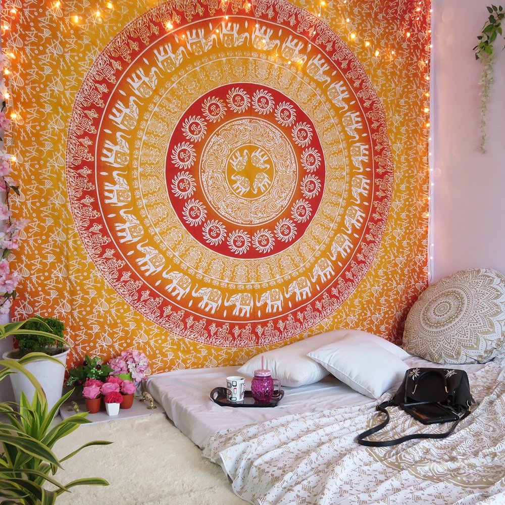 92" X 84" Mustard Red And White Mandala Cotton Hanging Tapestry