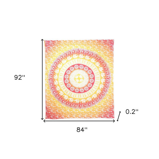 92" X 84" Mustard Red And White Mandala Cotton Hanging Tapestry