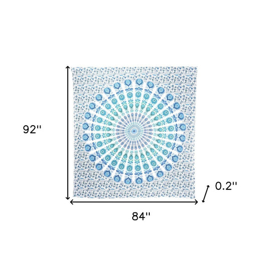 92" X 84" Blue Green And White Mandala Cotton Hanging Tapestry