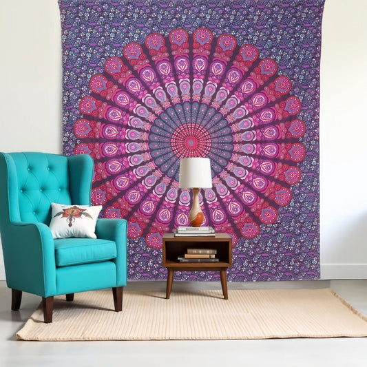 92" X 84" Pink Red And Purple Mandala Cotton Hanging Tapestry