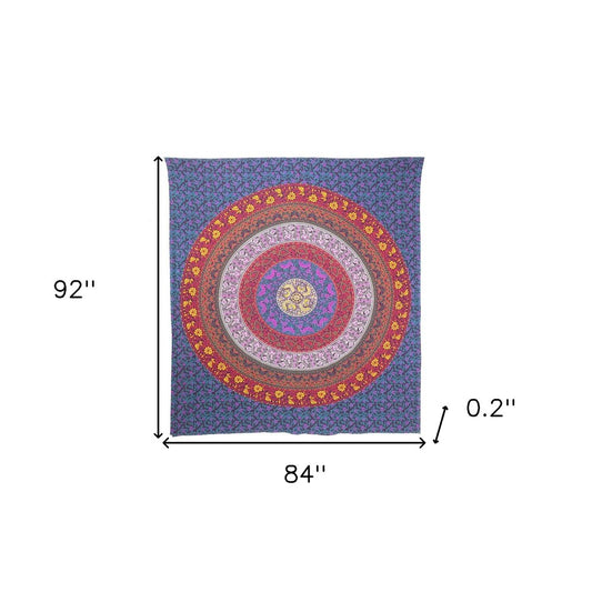 92" X 84" Blue Red And Yellow Mandala Cotton Hanging Tapestry