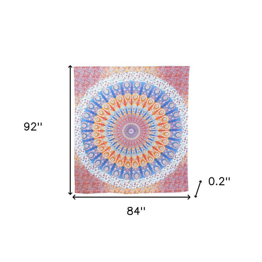 92" X 84" Orange Blue And Yellow Mandala Cotton Hanging Tapestry