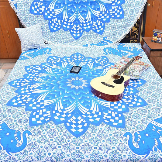 Blue And White Floral Cotton Queen Flat Sheet