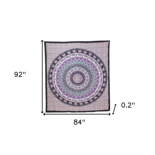 92" X 84" Purple Black And White Mandala Cotton Hanging Tapestry