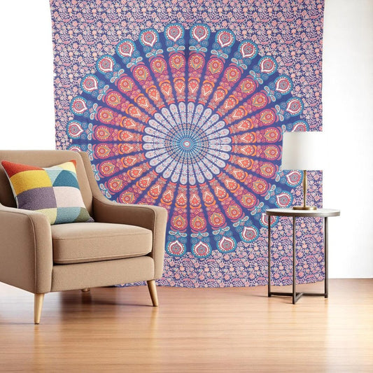 92" X 84" Orange Purple And Blue Mandala Cotton Hanging Tapestry