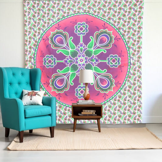 88" X 84" Green Pink And White Floral Cotton Hanging Tapestry