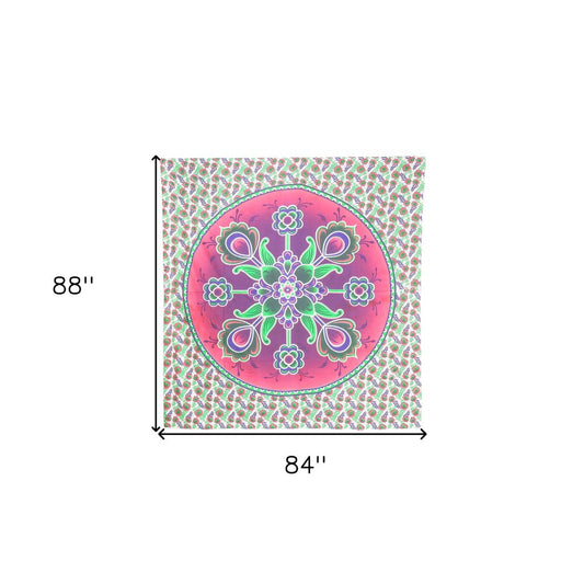 88" X 84" Green Pink And White Floral Cotton Hanging Tapestry