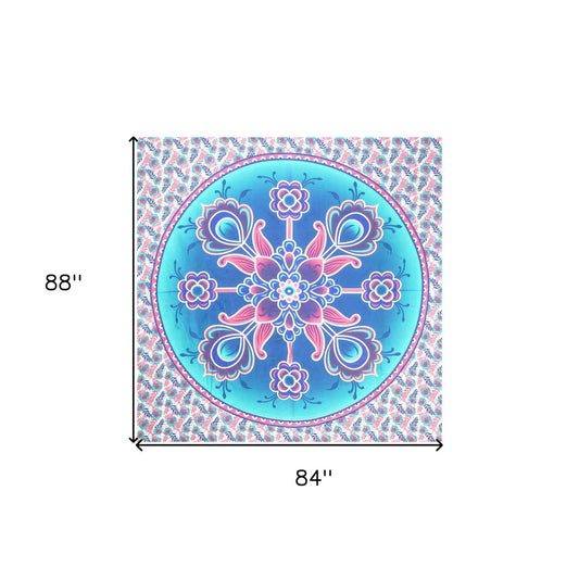 88" X 84" Pink Sky Blue And White Floral Cotton Hanging Tapestry