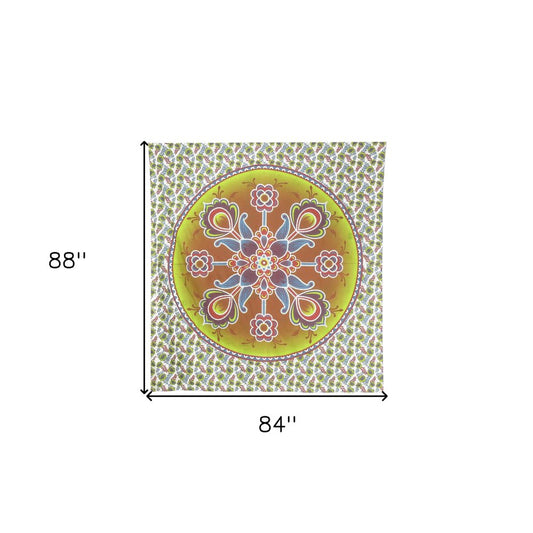 88" X 84" Green White And Yellow Floral Cotton Hanging Tapestry