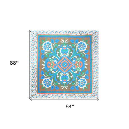 88" X 84" Brown Blue And White Floral Cotton Hanging Tapestry