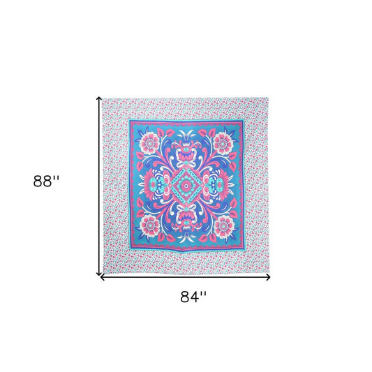 88" X 84" Blue Red And White Floral Cotton Hanging Tapestry