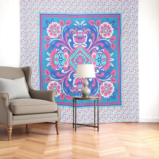 88" X 84" Blue Red And White Floral Cotton Hanging Tapestry