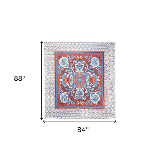 88" X 84" Red Blue And White Floral Cotton Hanging Tapestry