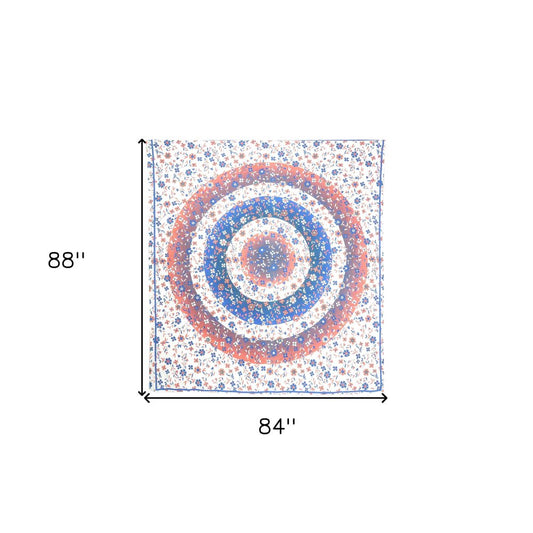 88" X 84" Blue White And Orange Floral Cotton Hanging Tapestry