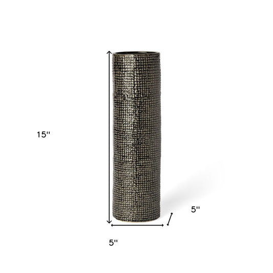 15" Black And Gold Abstract Cylinder Ceramic Table Vase
